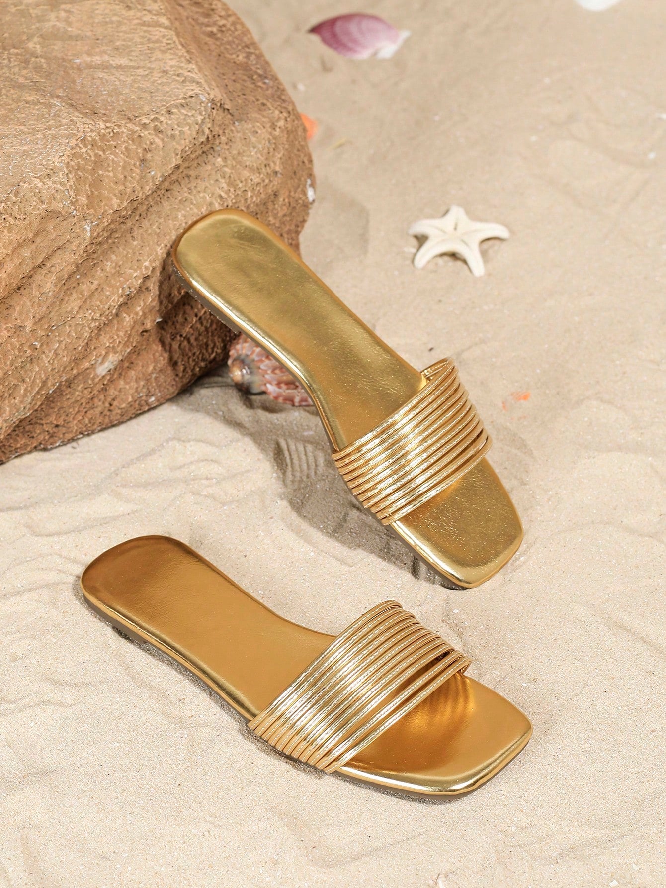 Women Gold Square Toe Strap Simple Flat Sandals