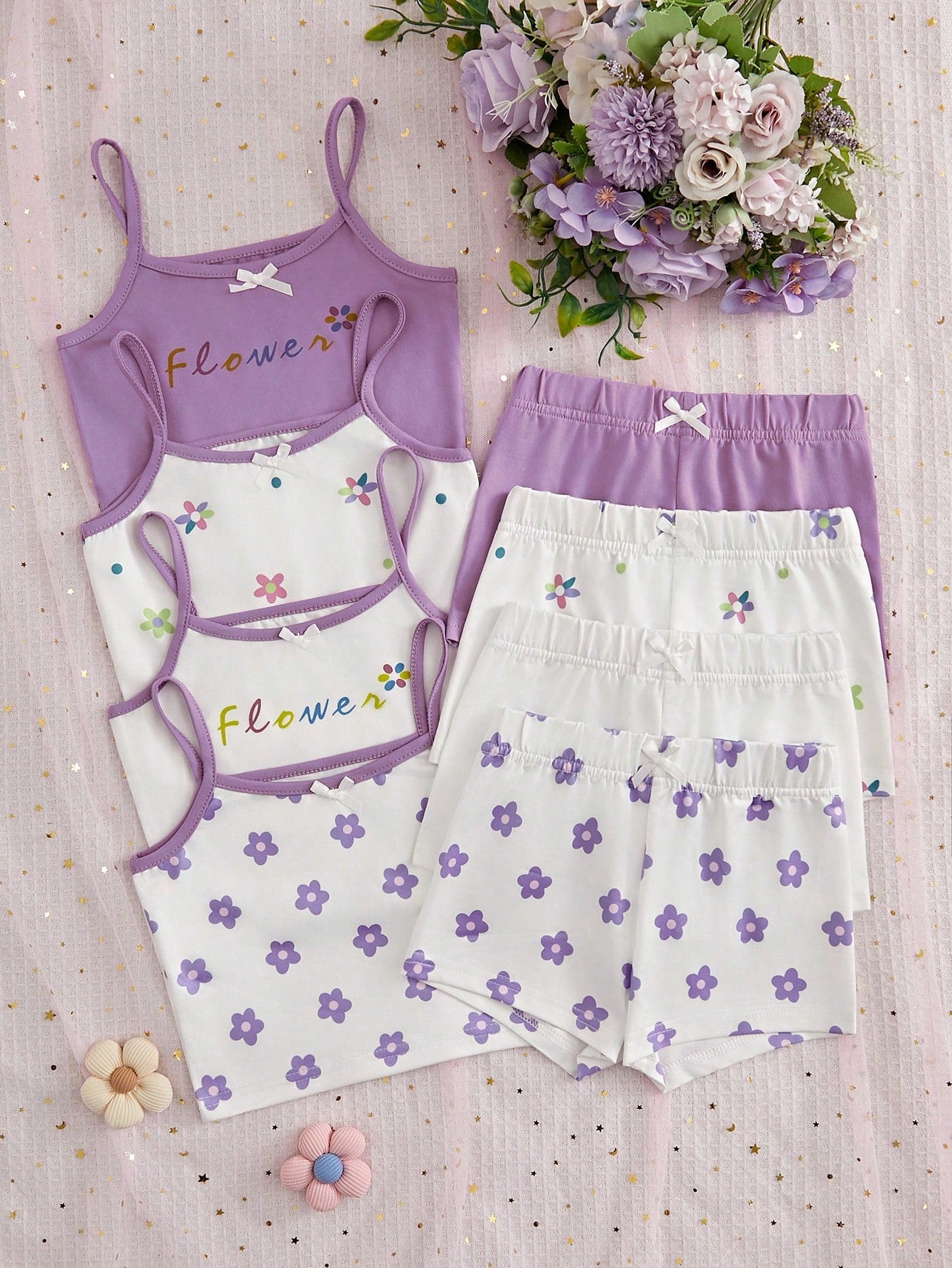 Young Girl Summer Floral Printed Camisole Top And Shorts 8pcs Underwear Set