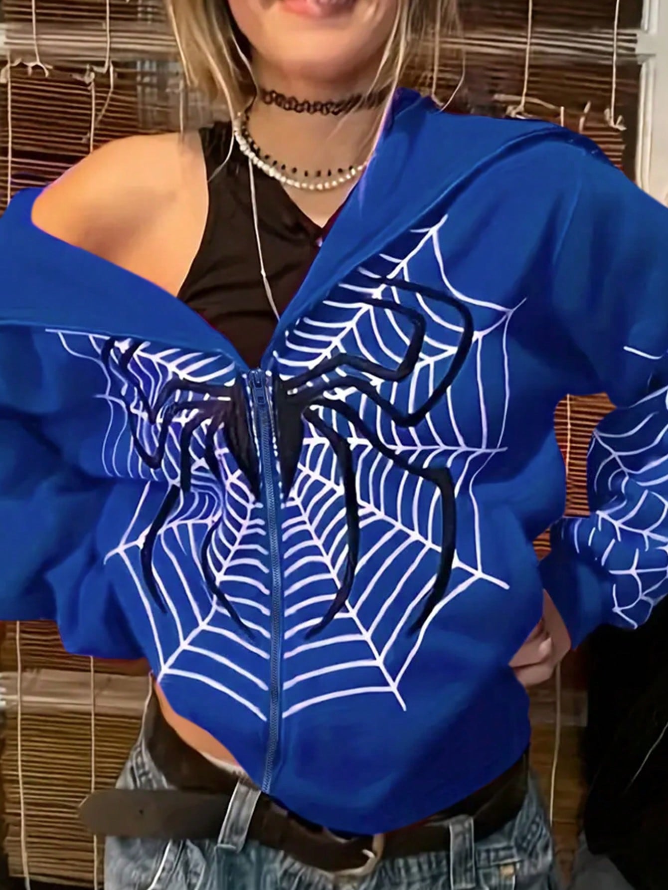 Women's Spider Web Pattern Zip Up Hoodie