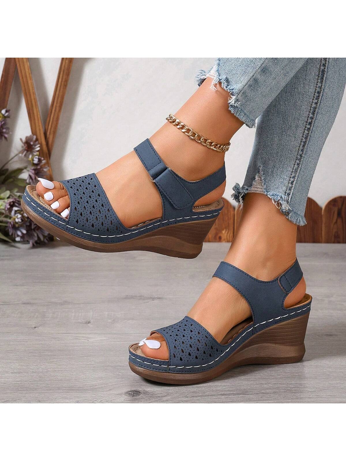 2024 New Arrival Laser-Cut Single Buckle Slingback Comfortable Sandals With Wedge Heels