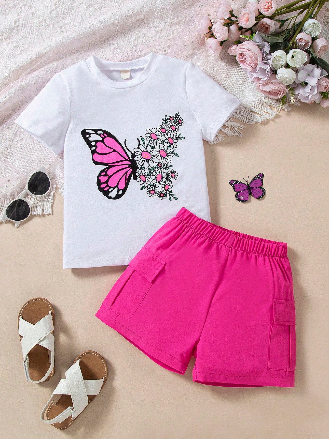 Young Girls' Beach Play Butterfly Printed Short Sleeve T-Shirt & Shorts 2pcs Set, Suitable For Parties And Beach Vacation, Summer