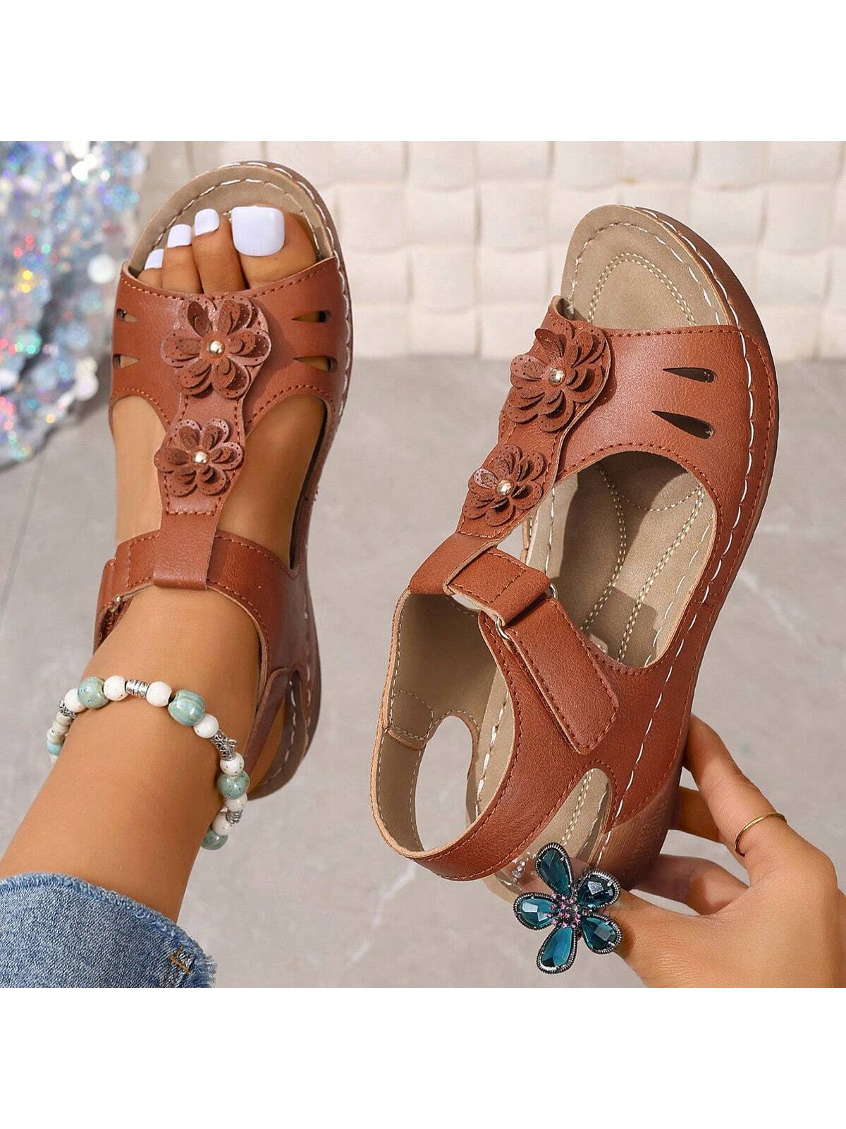 2024 Latest Style Thick-Soled Perforated Strap Floral Rope Sandals, Comfortable