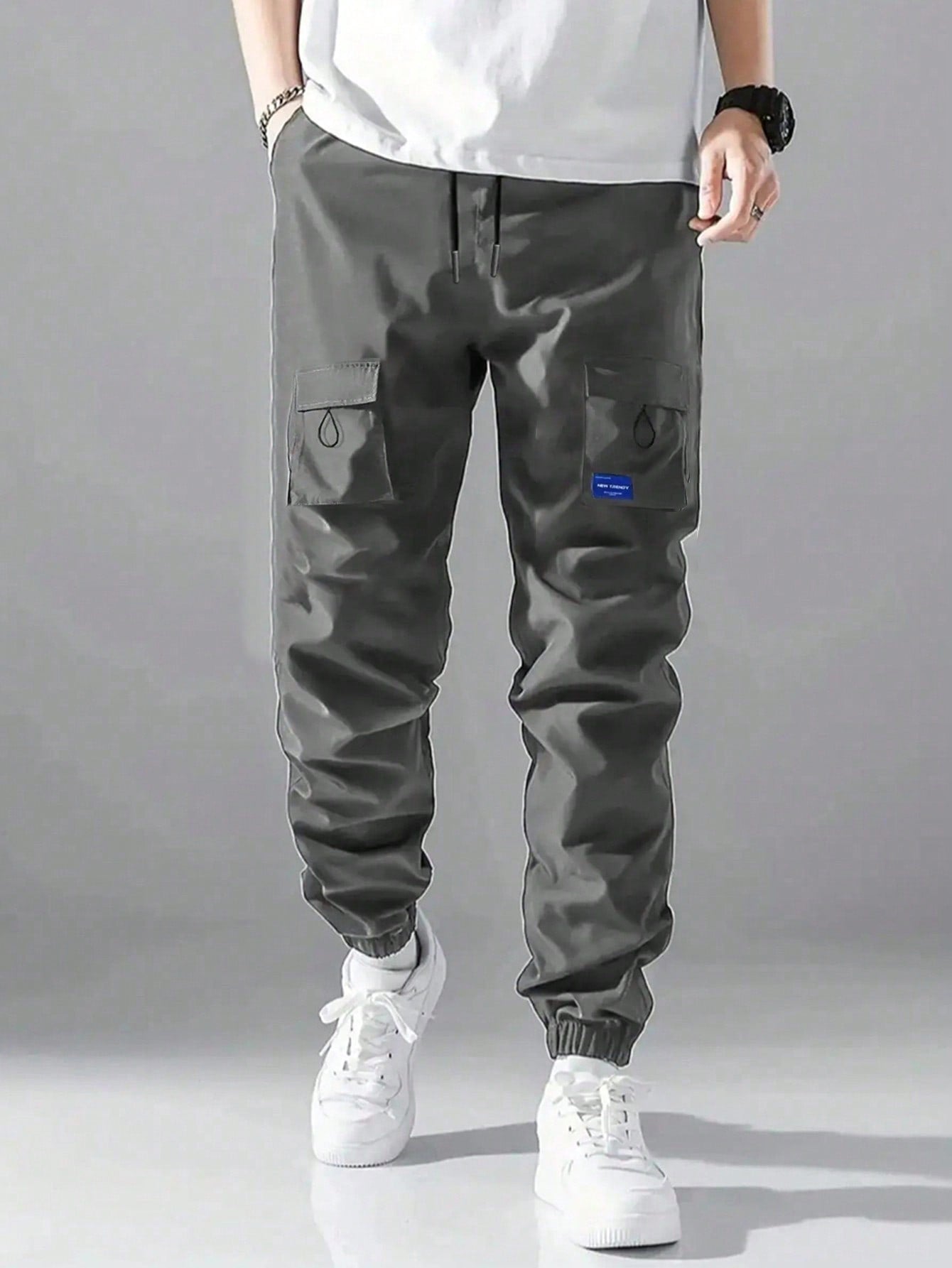 Tween Boy Stylish Casual Parachute Cargo Pants With Drawstring Waist And Slanted Pockets,