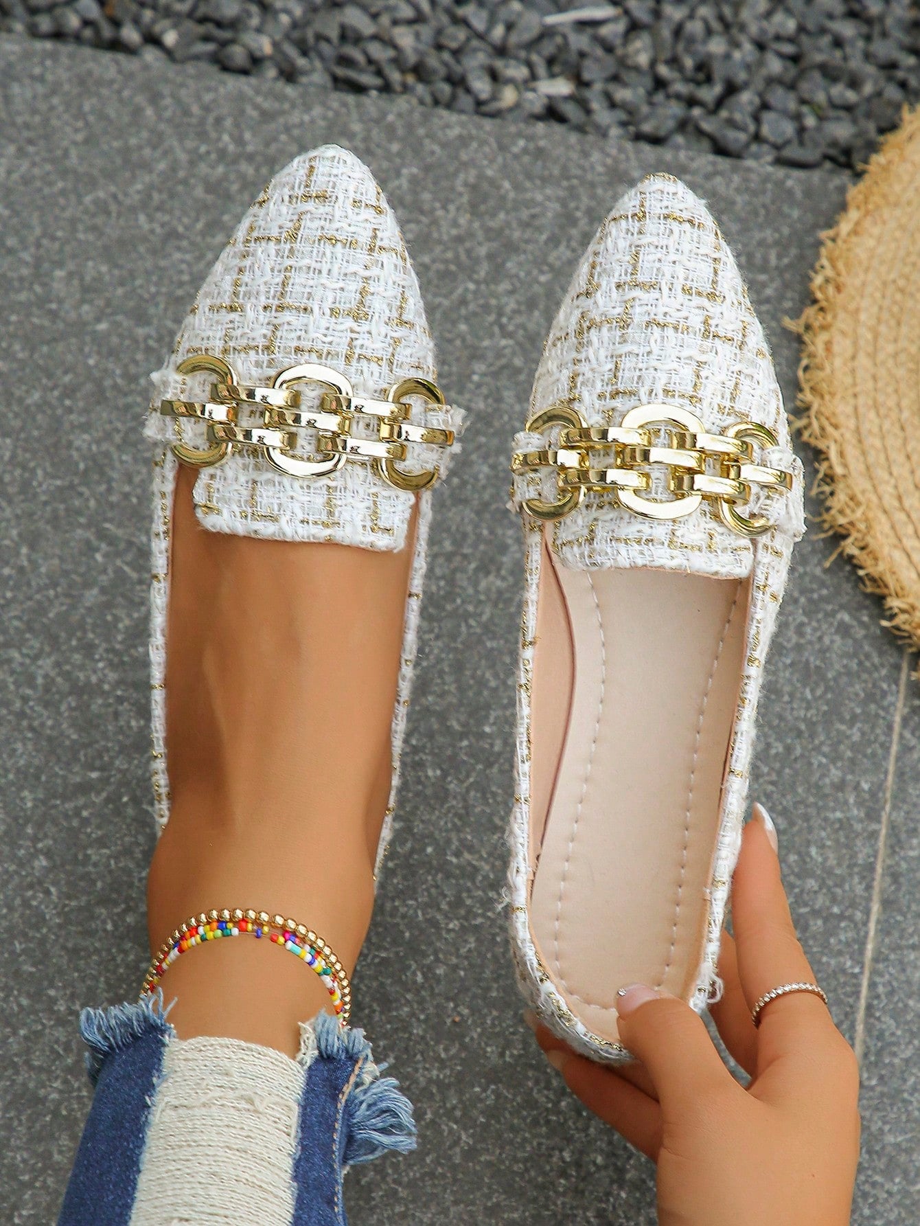 Large Size Women Shoe For Trade, Pointed Toe Flat Shoe, Metal Chain Design, Beige Slip-On Style, Suitable For Daily Wear With Skirt, Spring And Autumn Season, Size 35-45