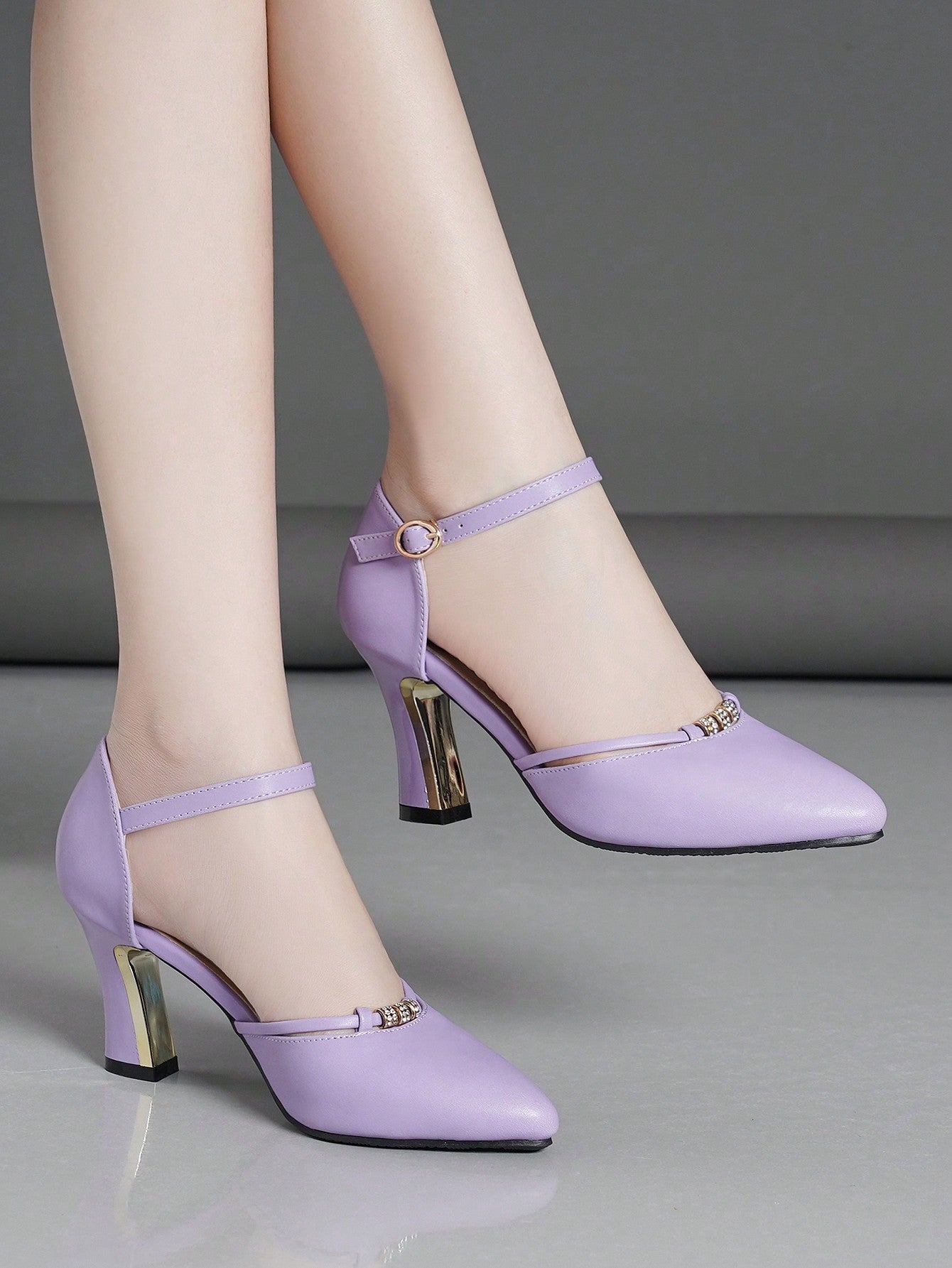 Women Beige Rhinestone Decor Sculptural Heeled Pumps, Fashionable Point Toe Ankle Strap Pumps