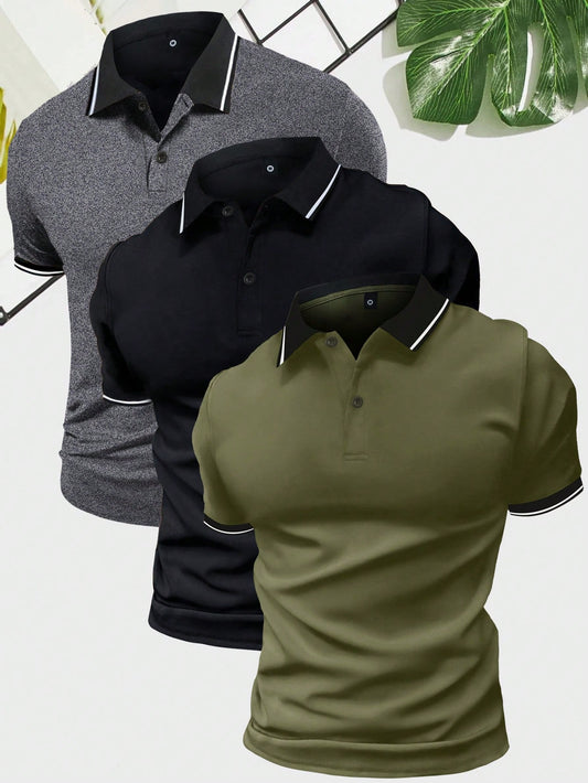 3pcs/Set Summer Short Sleeve Polo Shirt For Men, Colorblock Design Retro All-Match Casual Sports Holiday Outdoor Tops