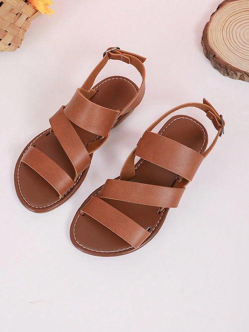 1pair Plus Size Women Black Roman Sandals, PU Criss-Cross Woven Metal Buckle Adjustable Design, Round Toe, TPR Non-Slip Comfortable Flat Cute Beach Slides, Suitable For Kids 5 Yrs And Up, Lightweight Summer Beach (Tend To Run Small, Please Order One Size