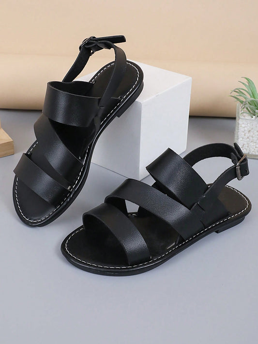 1pair Plus Size Women Black Roman Sandals, PU Criss-Cross Woven Metal Buckle Adjustable Design, Round Toe, TPR Non-Slip Comfortable Flat Cute Beach Slides, Suitable For Kids 5 Yrs And Up, Lightweight Summer Beach (Tend To Run Small, Please Order One Size