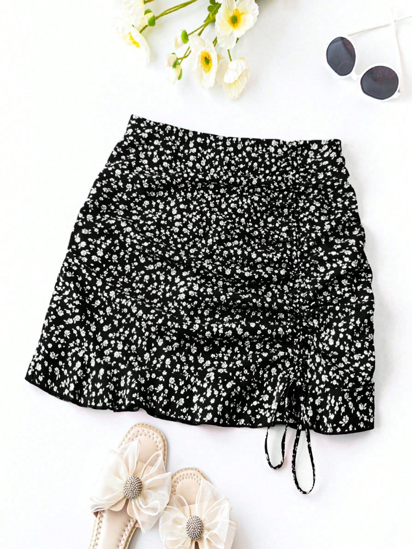 Plus Size Summer Casual Vacation Ditsy Floral Print Drawstring Detail Skirt