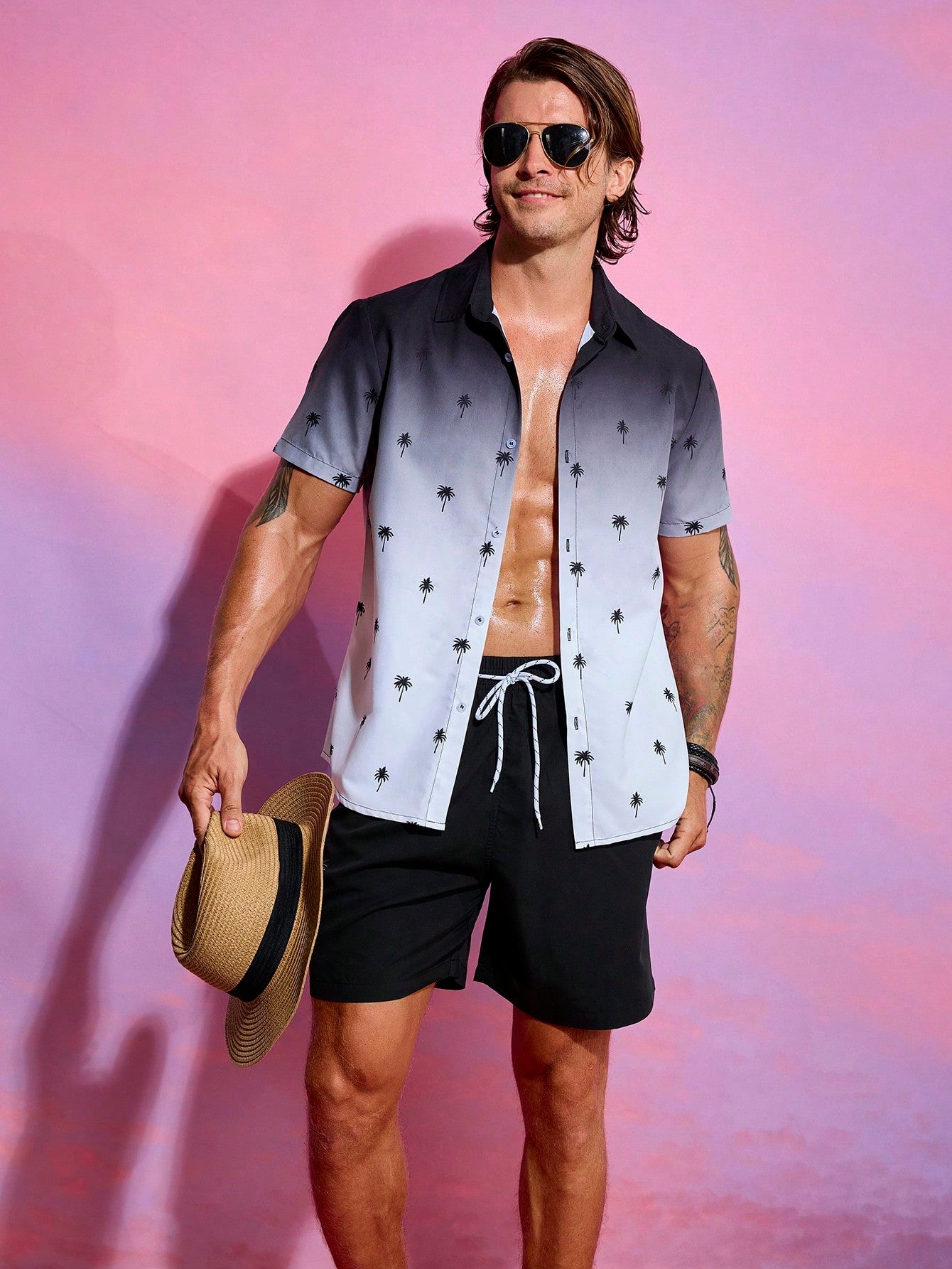 Men Coconut Tree Ombre Short Sleeve Shirt And Shorts Beach Set