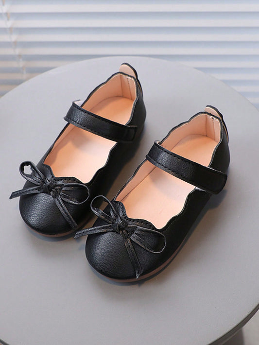 Children Bow Detail Knot Solid Color PU Design Korean Fashion Flat Soft Bottom Slip Resistant Leather Shoes For Outdoor Performances And Parties