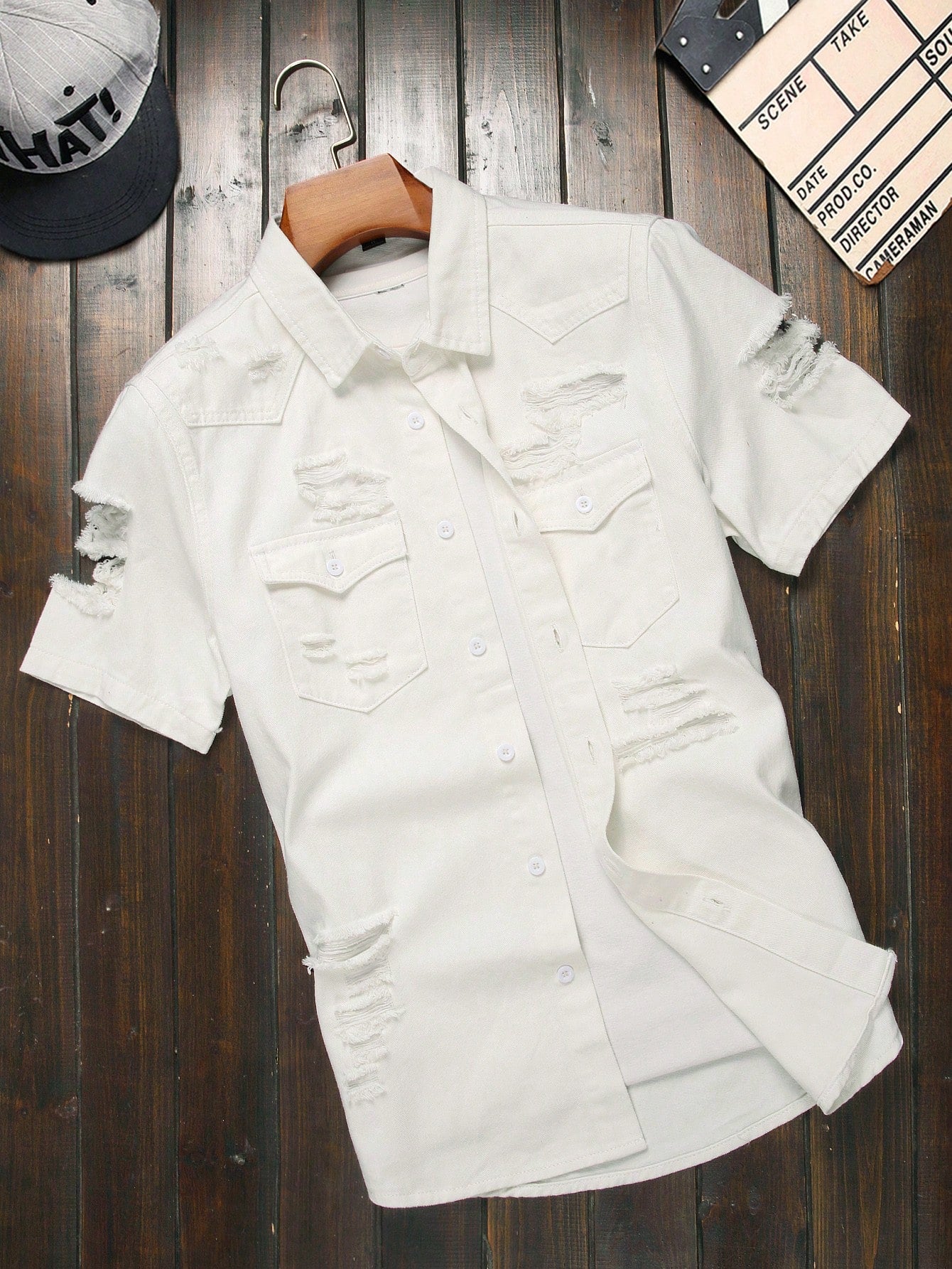 Men Simple Daily Ripped Denim Shirt