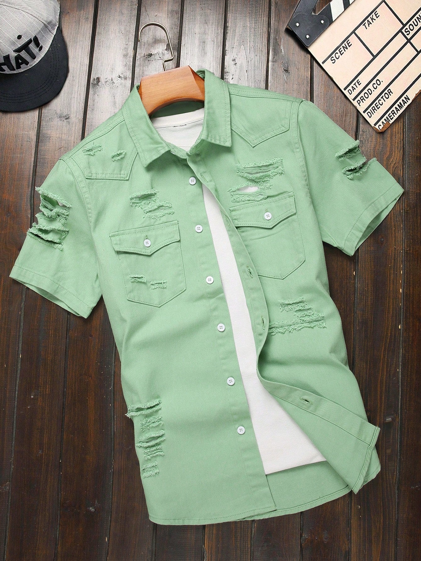 Men's Solid Color Button Front Short Sleeve Denim Shirt With Pockets And Distressed Detailing