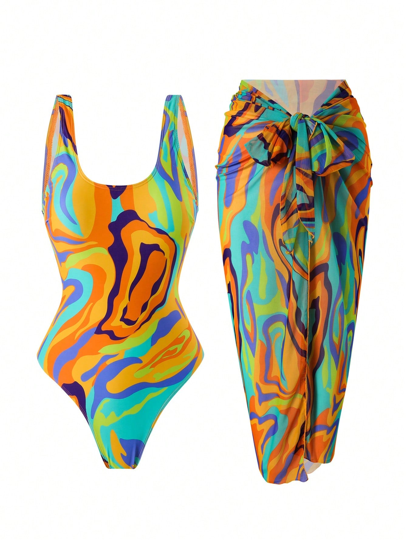 Swim Oasis Summer Beach Women's Printed One-Piece Swimsuit Matching With Swimwear Cover-Up Skirt