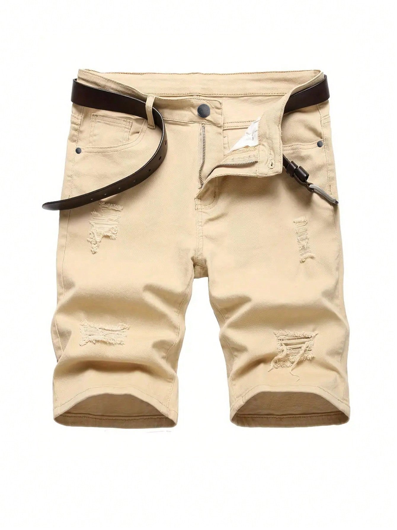 Tween Boys' Summer Casual Solid Color Ripped Belted Denim Shorts