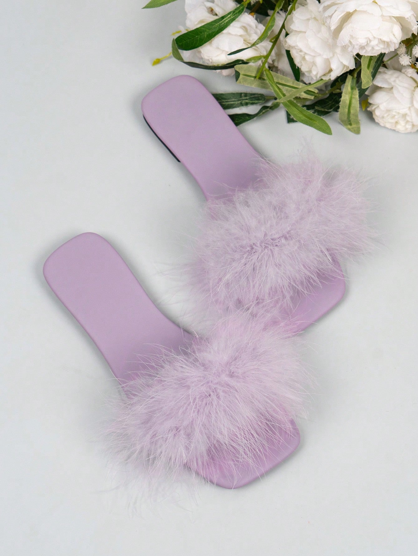 Women's Summer Square Toe Flat Slide Sandals With Open Toe And Furry Strap