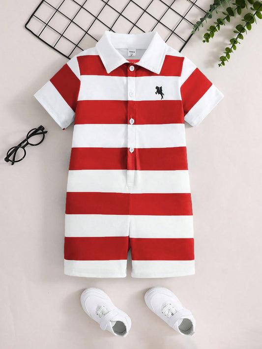 1pc Young Boy Striped Holiday Casual Jumpsuit For Summer