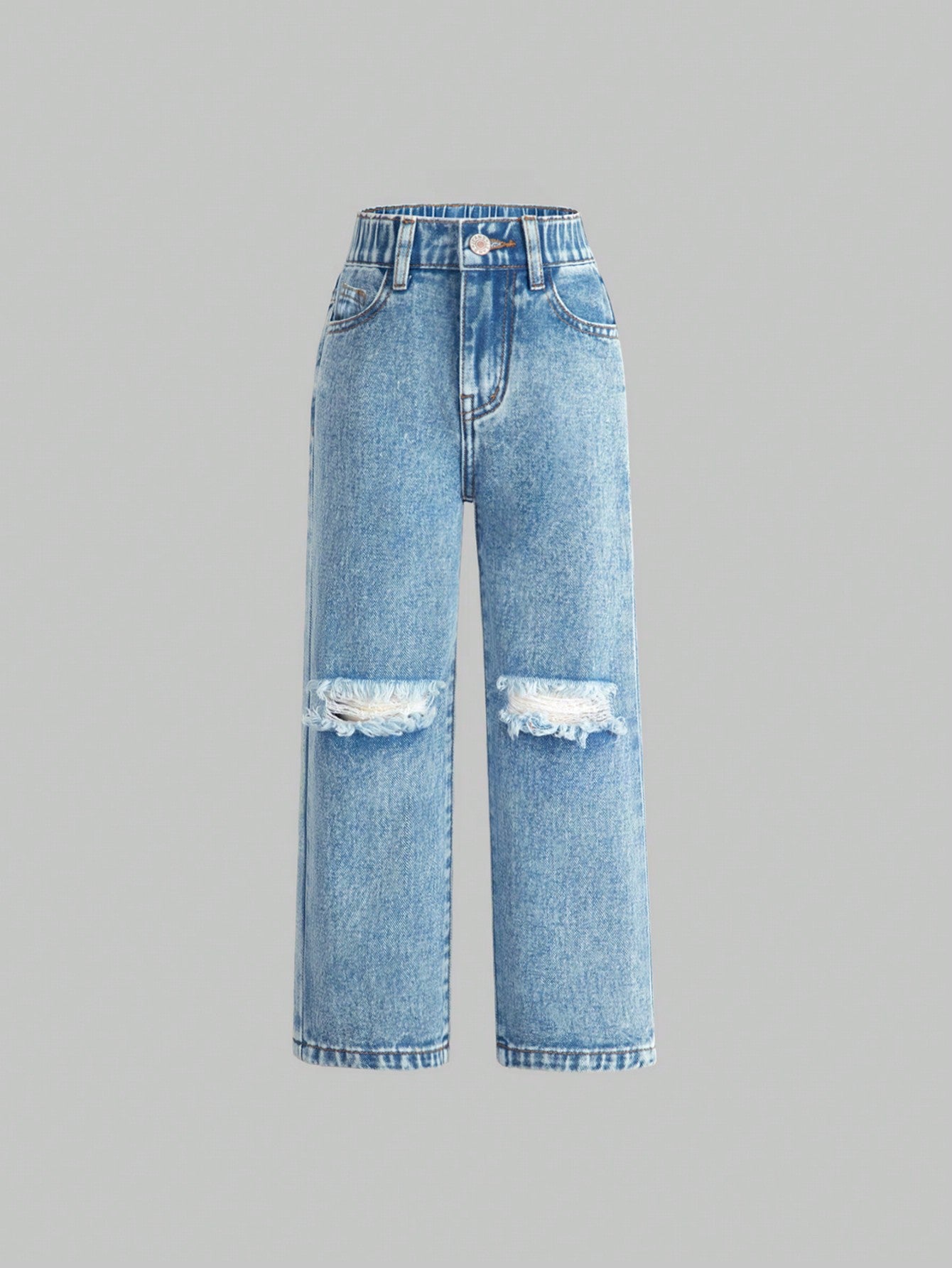 Streecool Kids Young Girl New Style Casual & Fashionable Distressed Washed Denim Straight Leg Pants With High-End Texture