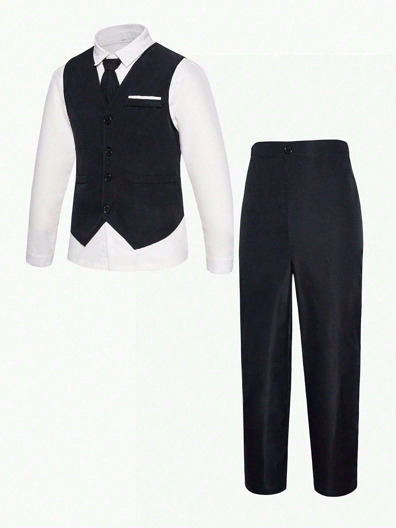 Teen Boy Casual And Elegant Classic High-End Pure Black Vest With White Dot Decorated Pockets And Casual Half Elastic Solid Color Pants With Belt Set,Stylish, Suitable For Daily School, ,Party, Birthday Party, Hosting, Evening Party, Performance, Wedding