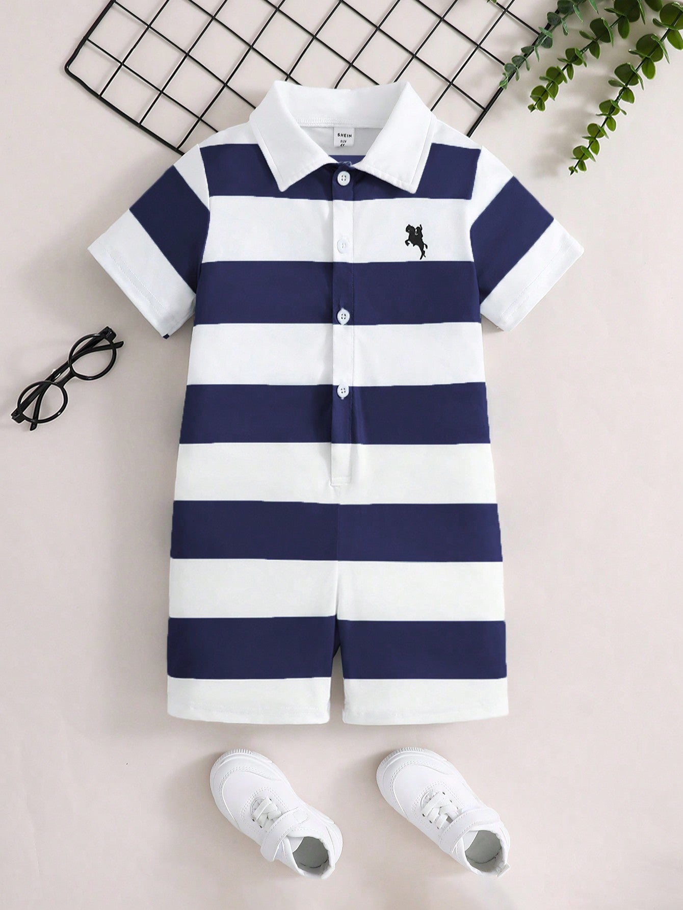 1pc Young Boy Striped Casual Jumpsuit For Summer Holidays