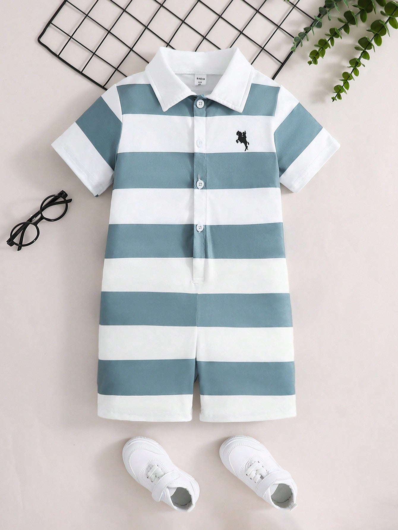 1pc Young Boy Striped Holiday Casual Jumpsuit For Summer