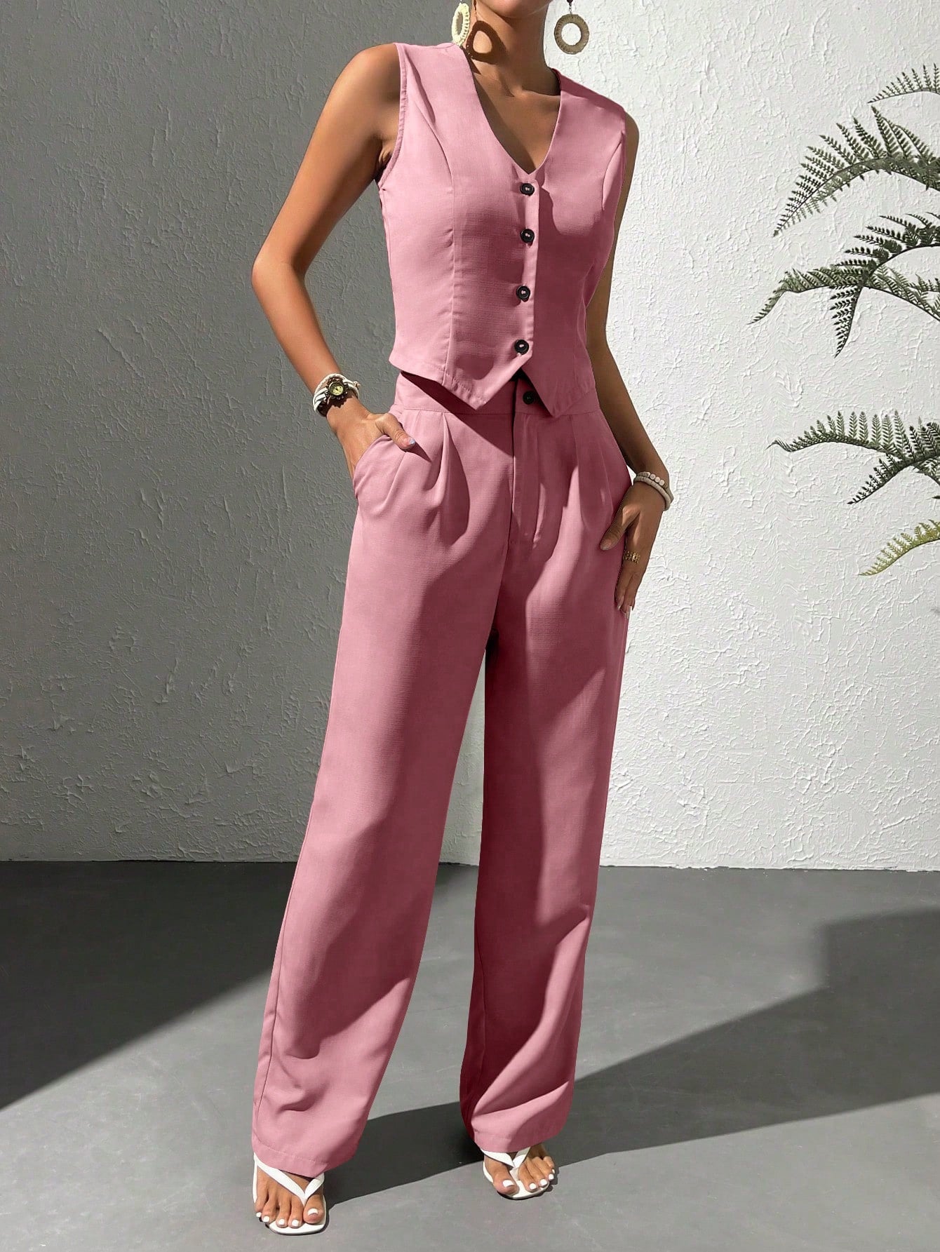 Women's Summer Solid Color Single Breasted Suit Vest And Pants Casual Work Outfit