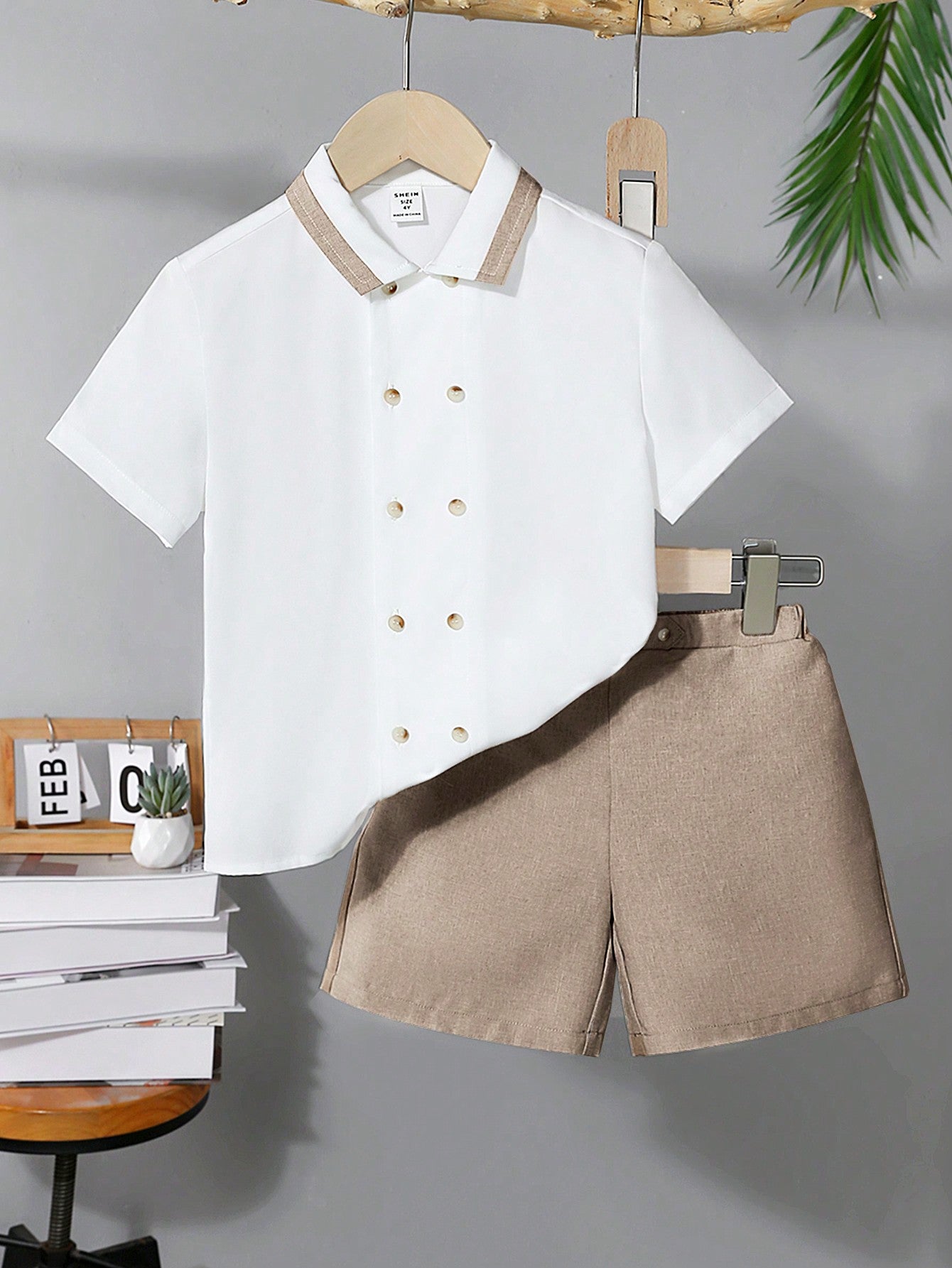 Young Boy Handsome Suit, Elegant Double-Breasted Floral Dress Shirt And Shorts Set With Gentlemen Style Collar