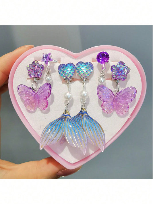 Kids" Mermaid Tail Earrings, Little Girl Ring, Butterfly Clip-On Earrings, No Pierced Ear Cuffs And Jewelry Set Gift Boxed