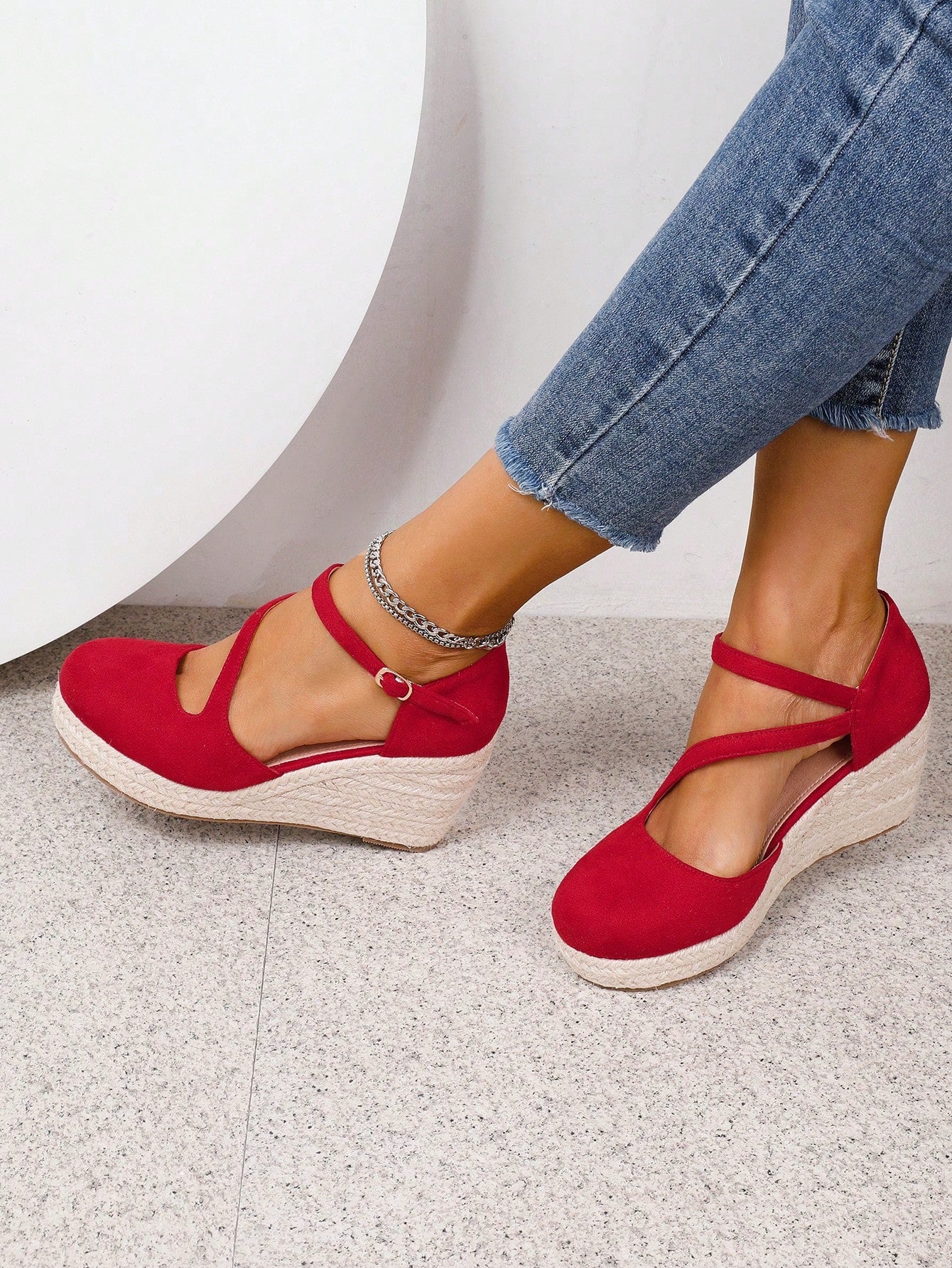 Daily Woven  Rope Platform Wedge Shoes With Thick Sole For Leisure, Solid Color, Lightweight, Fashionable, Comfortable, Elegant And Suede Wedges