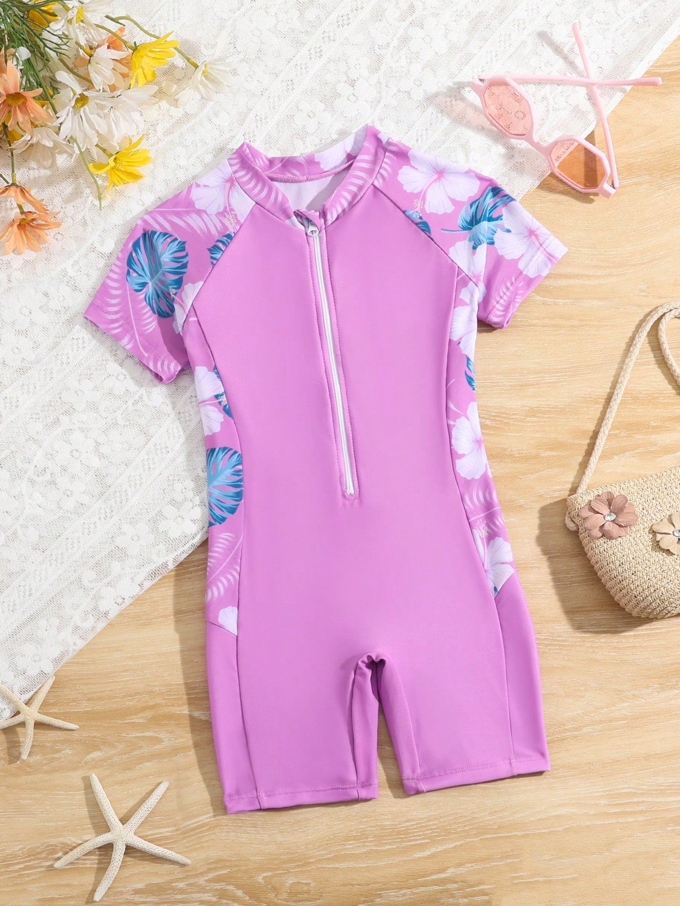 Young Girl 1pc Summer Beach Knitted Cute Flower & Cartoon Printed Zippered One-Piece Swimsuit With Ruffled Hem In Purple & Pink Colorblocking, Perfect For Swimming, Beach And Surfing