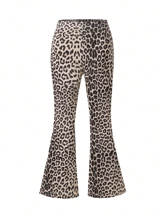 Young Girls Fashionable Animal Print Flare Pants Suitable For Casual Daily Outings In Spring, Summer, And Autumn