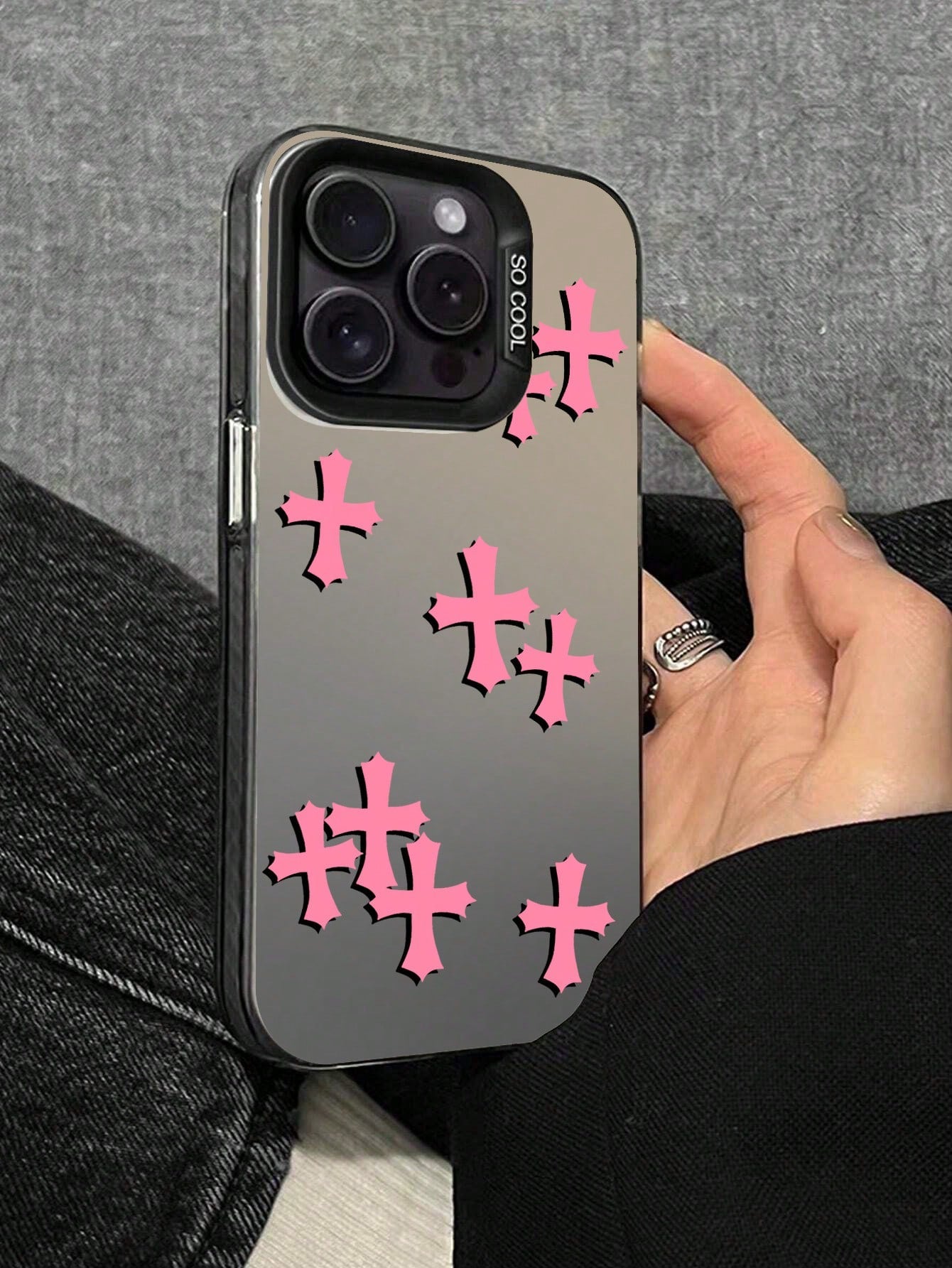 1pc Imd Material Transparent Black With Camera And Pink Cross Pattern Phone Case Compatible With For IPhone11/12/13/14/15/15pro/15 Plus/15 Promax/7plus/8plus/X/Xs Max/Xr/11pro/12pro/13pro/14pro/12mini/13mini/11promax/12promax/13promax/14promax/14plus/6/6s