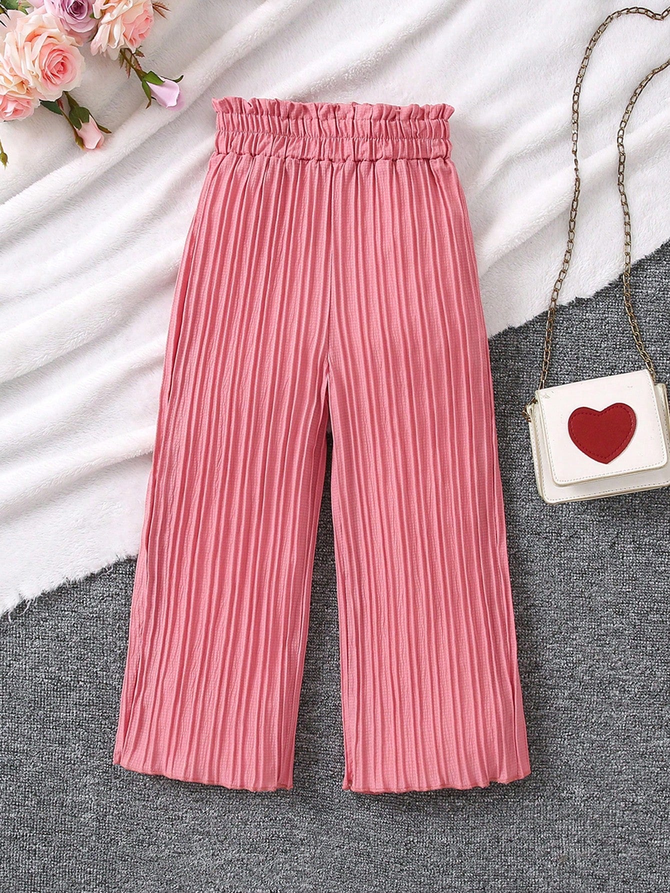 Young Girl Solid Color Elastic High Waisted Wide Leg Pants With Textured Finish