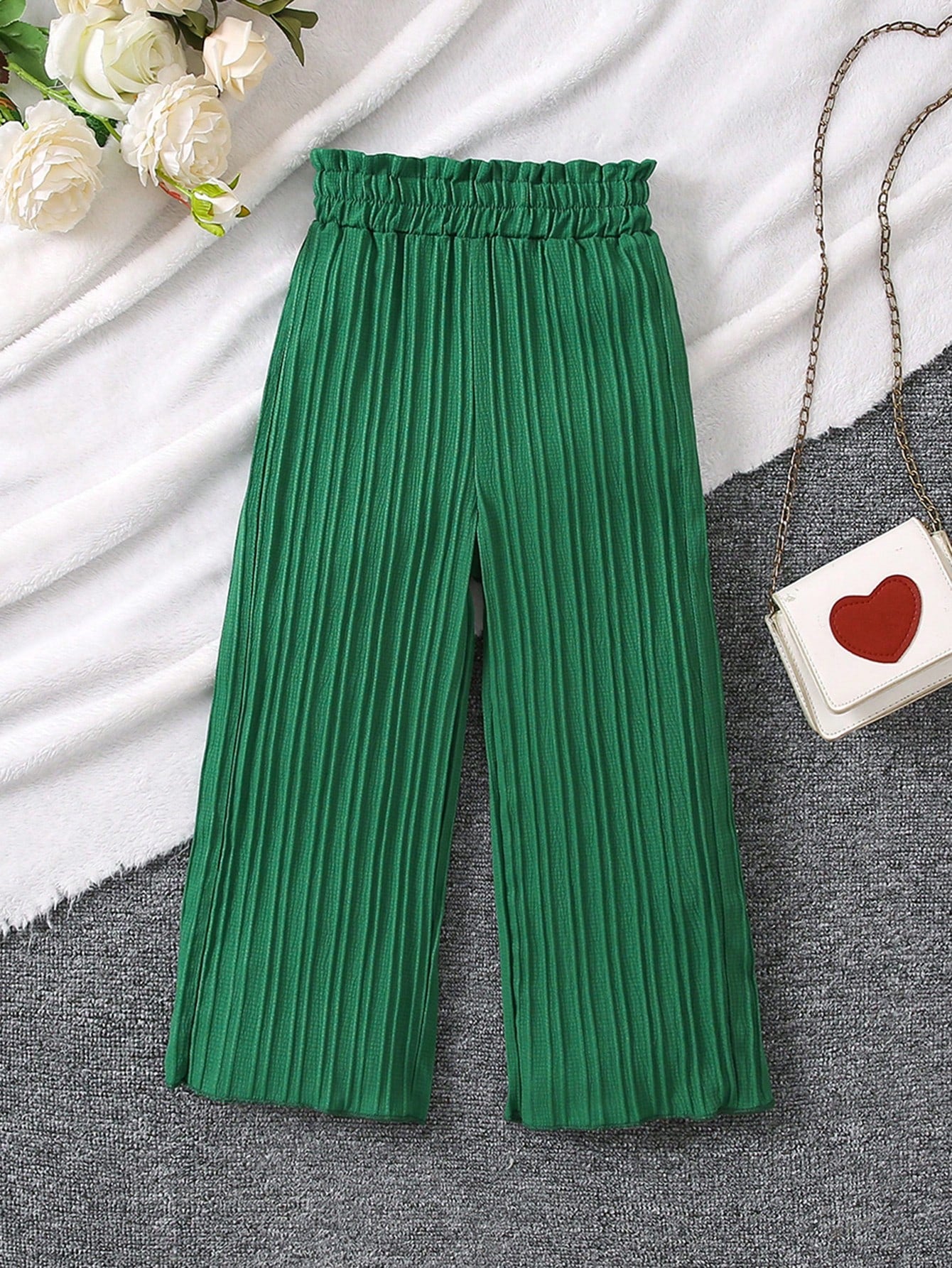 Young Girl Solid Color Elastic High Waisted Wide Leg Pants With Textured Finish