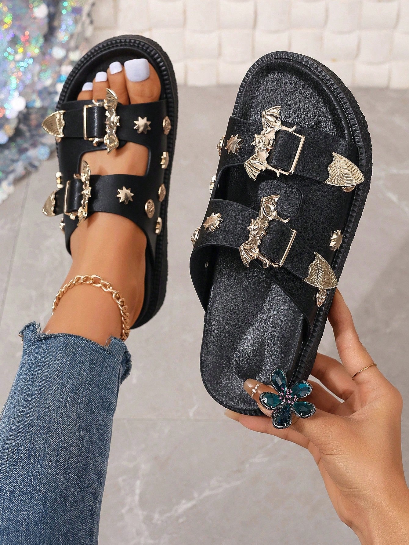 New Arrival Women's Fashionable And Comfortable Sandals With Buckle Strap, Floral Design, Open Toe, Slip-On, Platform Wedge Heel