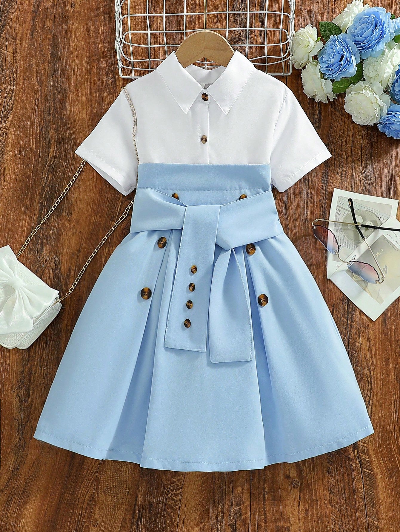 Young Girls' Elegant Shirt Collar Dress With Waist Belt And Design Elements