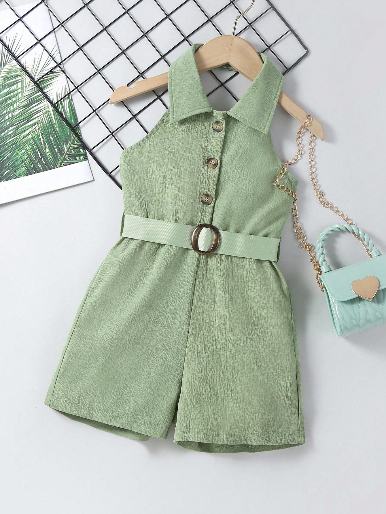 1pc Young Girl Halter Neck Sleeveless Jumpsuit With Half Placket And Elastic Waist, Summer