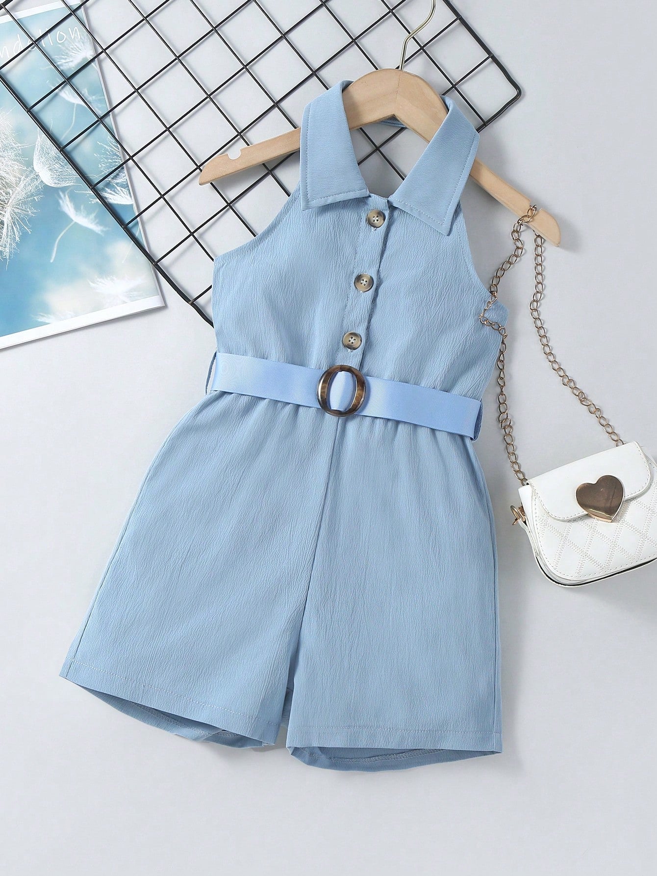 1pc Young Girl Halter Neck Sleeveless Jumpsuit With Half Placket And Elastic Waist, Summer