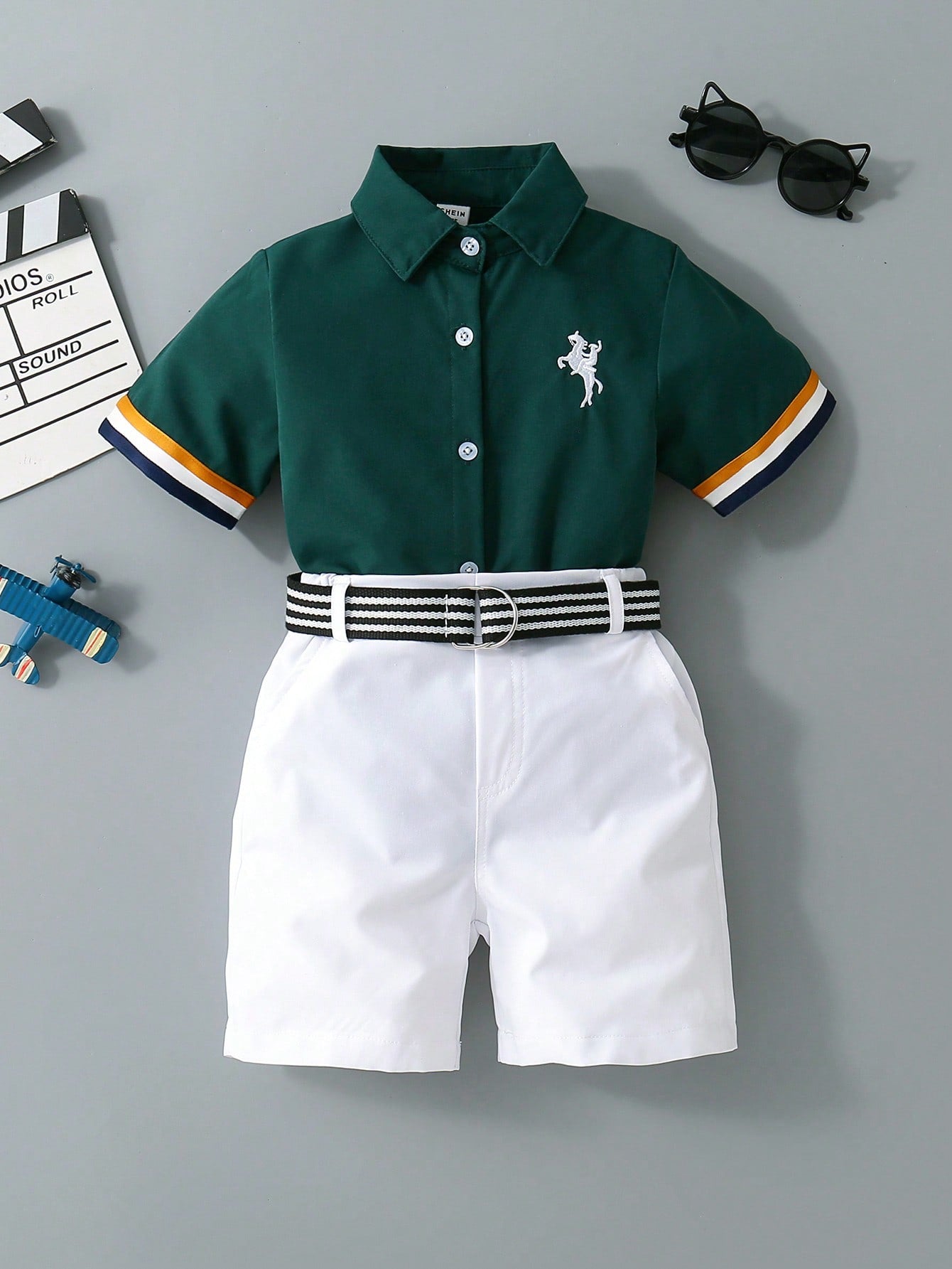 Young Boy Striped Cuff Embroidery Shirt With Belted Shorts