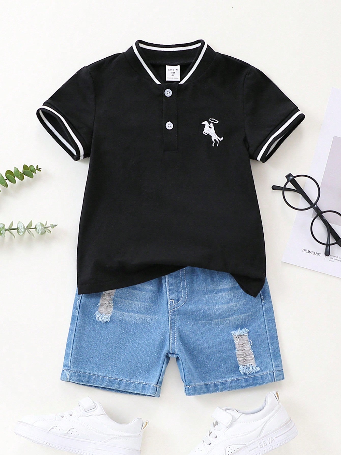 Young Boy Casual Sports College Style Embroidered Horse Pattern Short Sleeve Polo Shirt With Half-Open Collar, All-Match And Comfortable, Suitable For Outing, School, Festival, Home, Spring And Summer