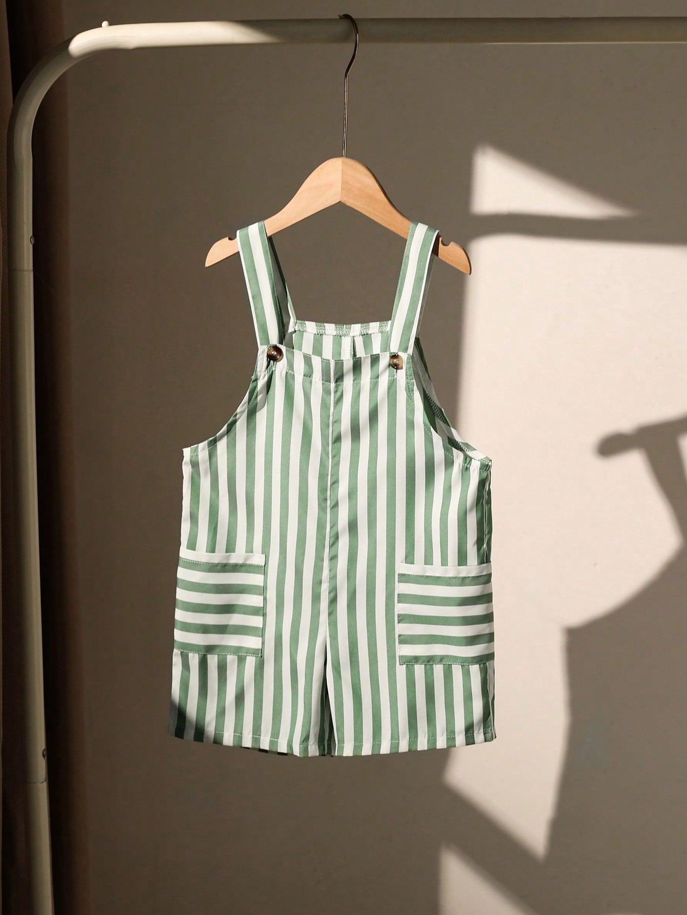 Young Boy Green Striped Short Romper With Hood And Matching Hat, Woven Summer Outfit