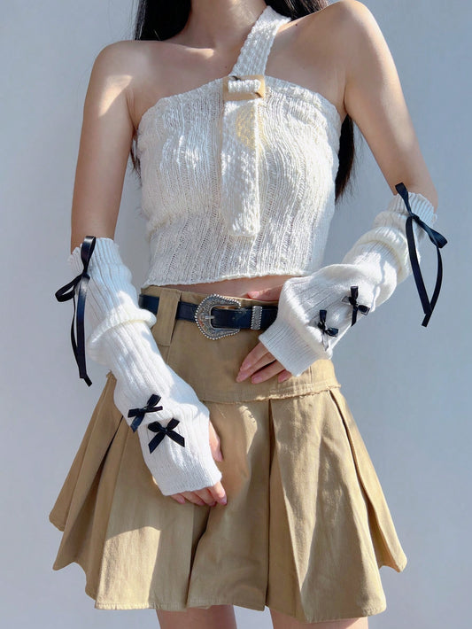 A Pair Of White Ballet-Style Arm Warmers With Bow Detail Decoration For Girls, Cute Fingerless Gloves, Fashionable Y2k-Style Arm Sleeves For Women, Suitable For Daily Wear, Home, Stage Performances, Operas.