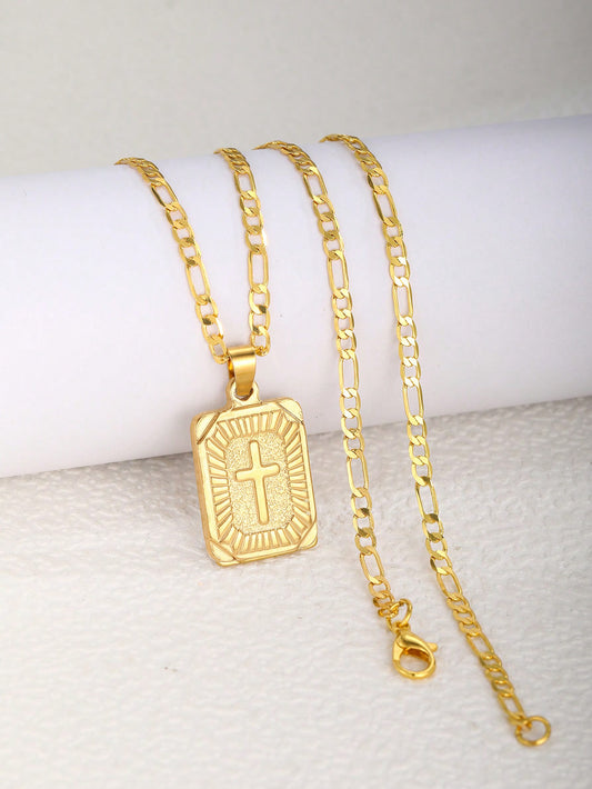 1pc Stylish Popular Cross Detail Square Pendant Golden Figaro Chain Necklace For Boys Girls Trendy Street Accessory For Party Jewelry Gift