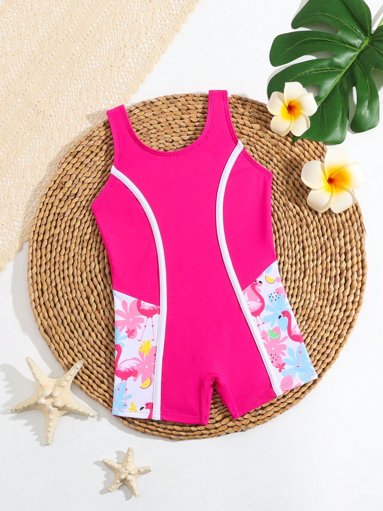 Young Girl Cartoon Print Color Block One-Piece Swimsuit With Contrast Binding