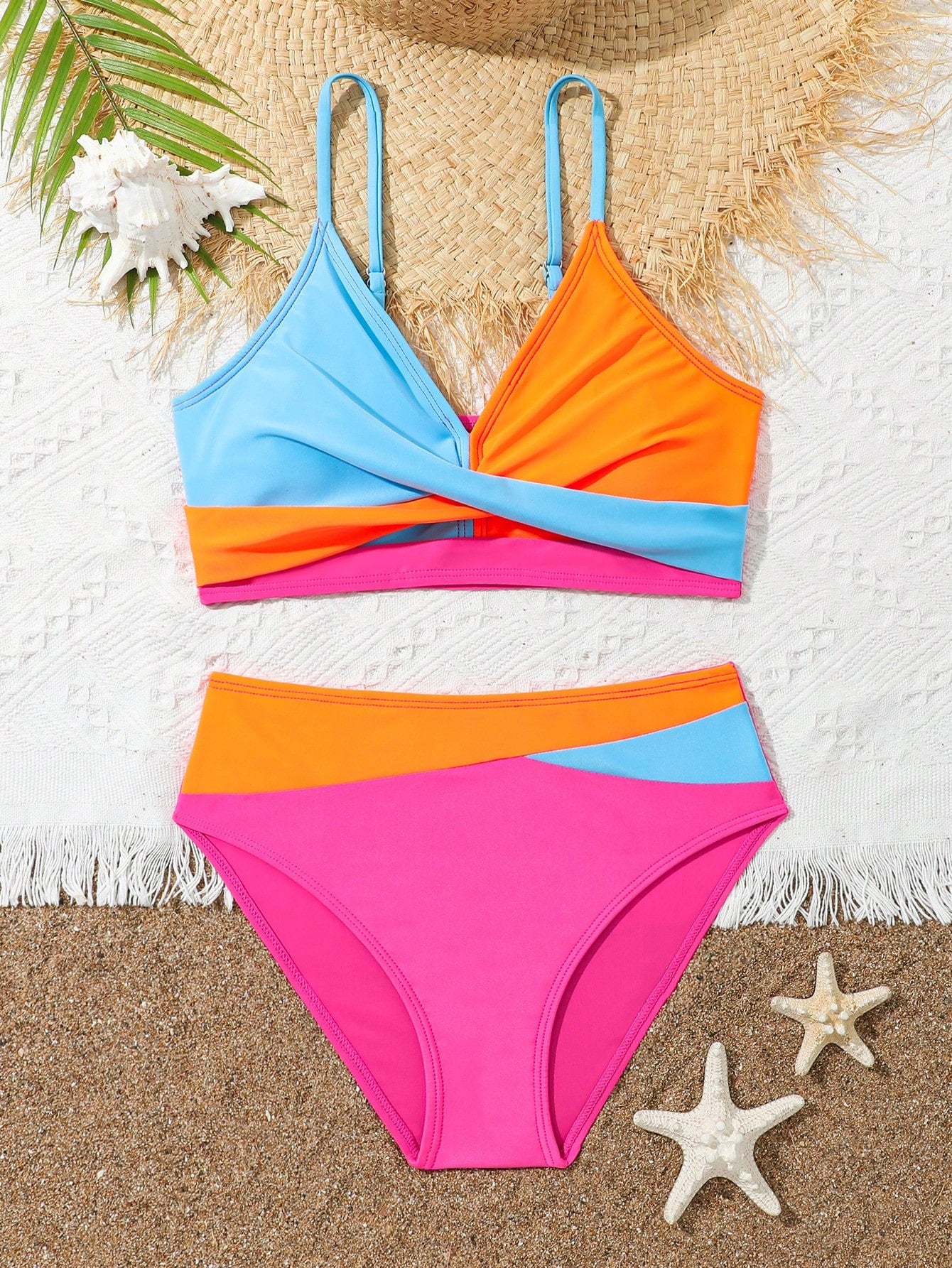 Tween Girl Two Pieces Bikini Set, Colorblock Style Summer Beach