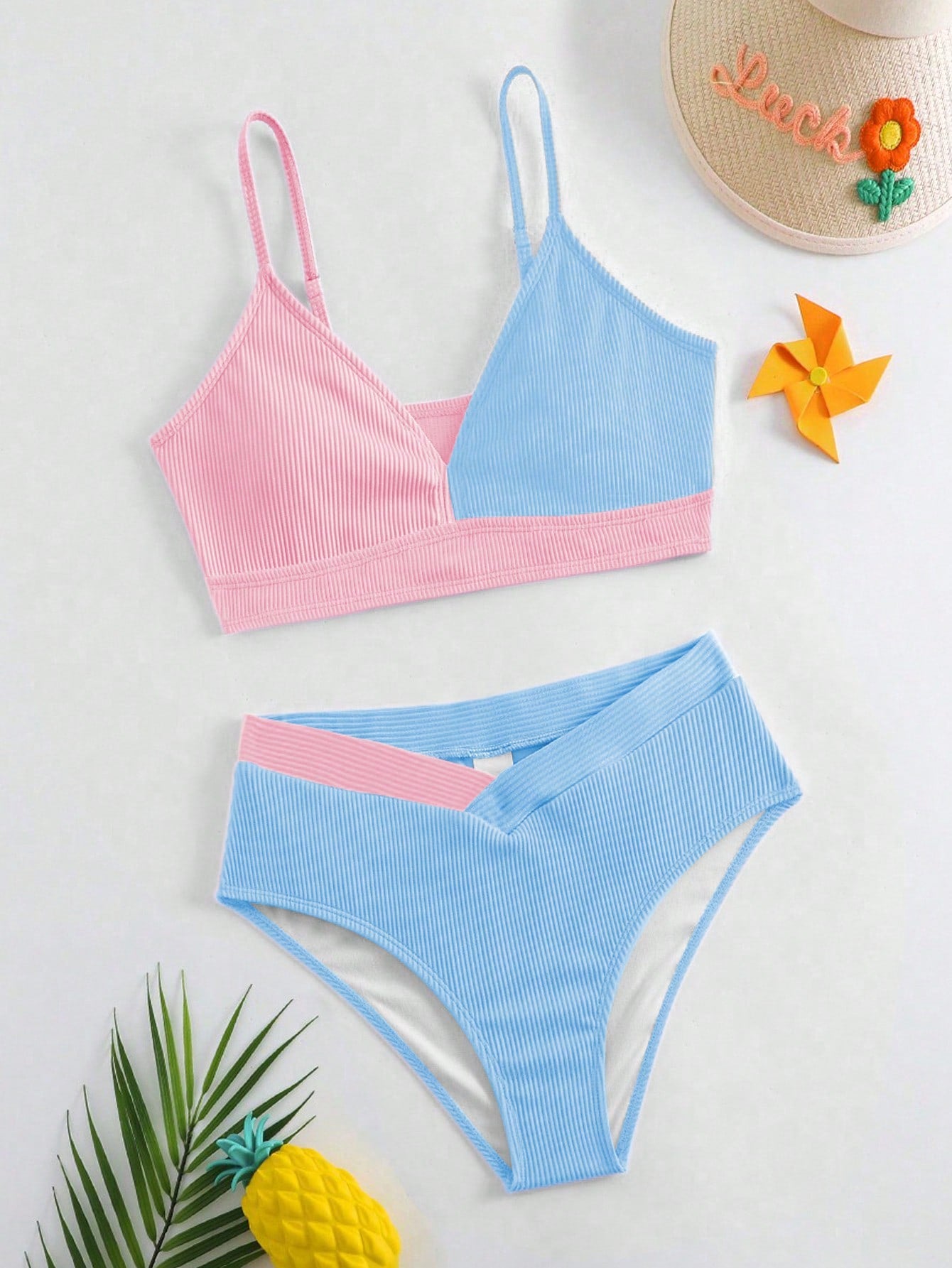 Teen Girls Multicolor Splicing Bikini Set 2pcs/Set Summer Beach