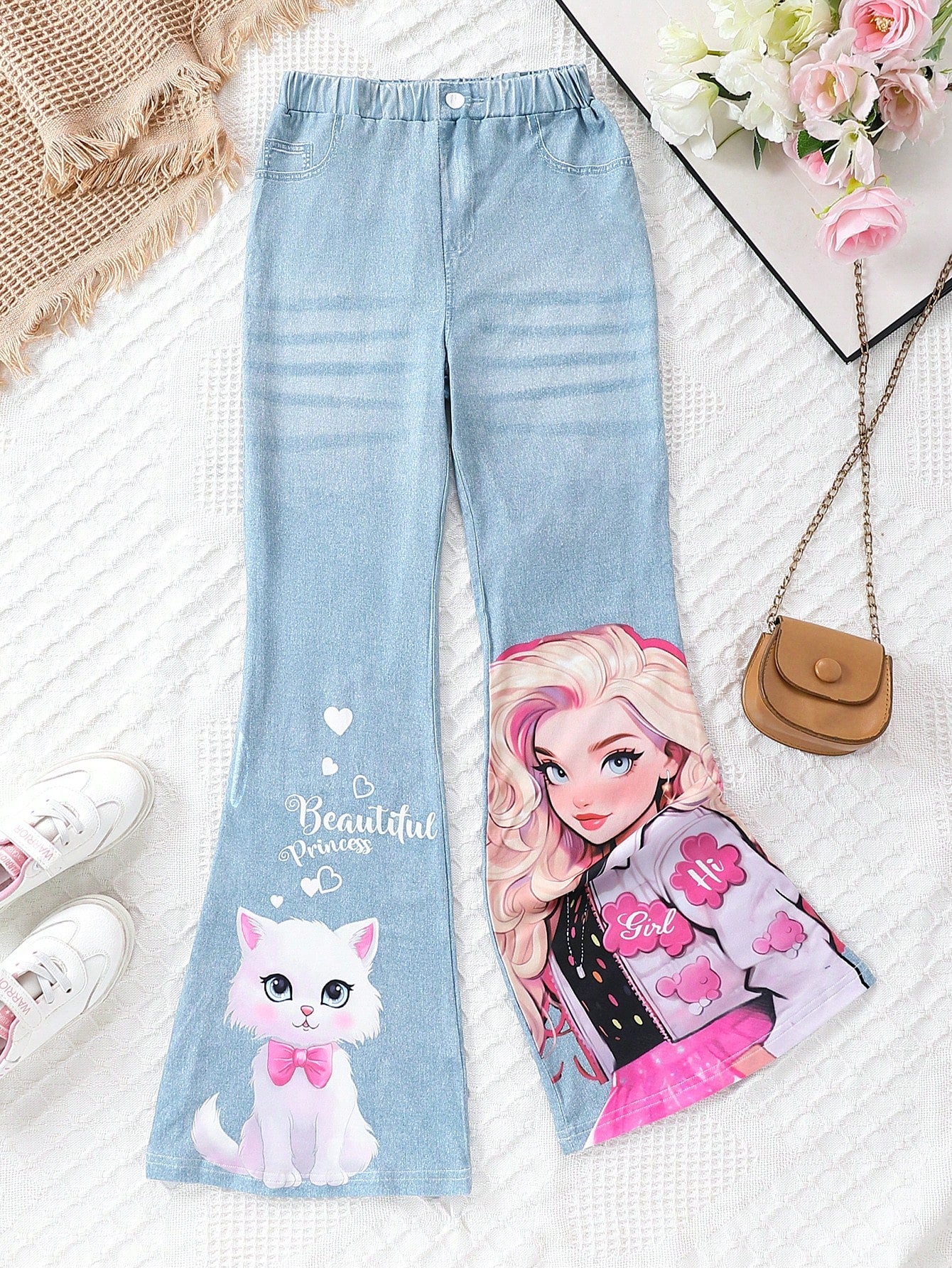 Tween Girl Bell-Bottomed Cat Printed Pants, Elastic Waist Stretchy Long Trousers, Cool Girl Style