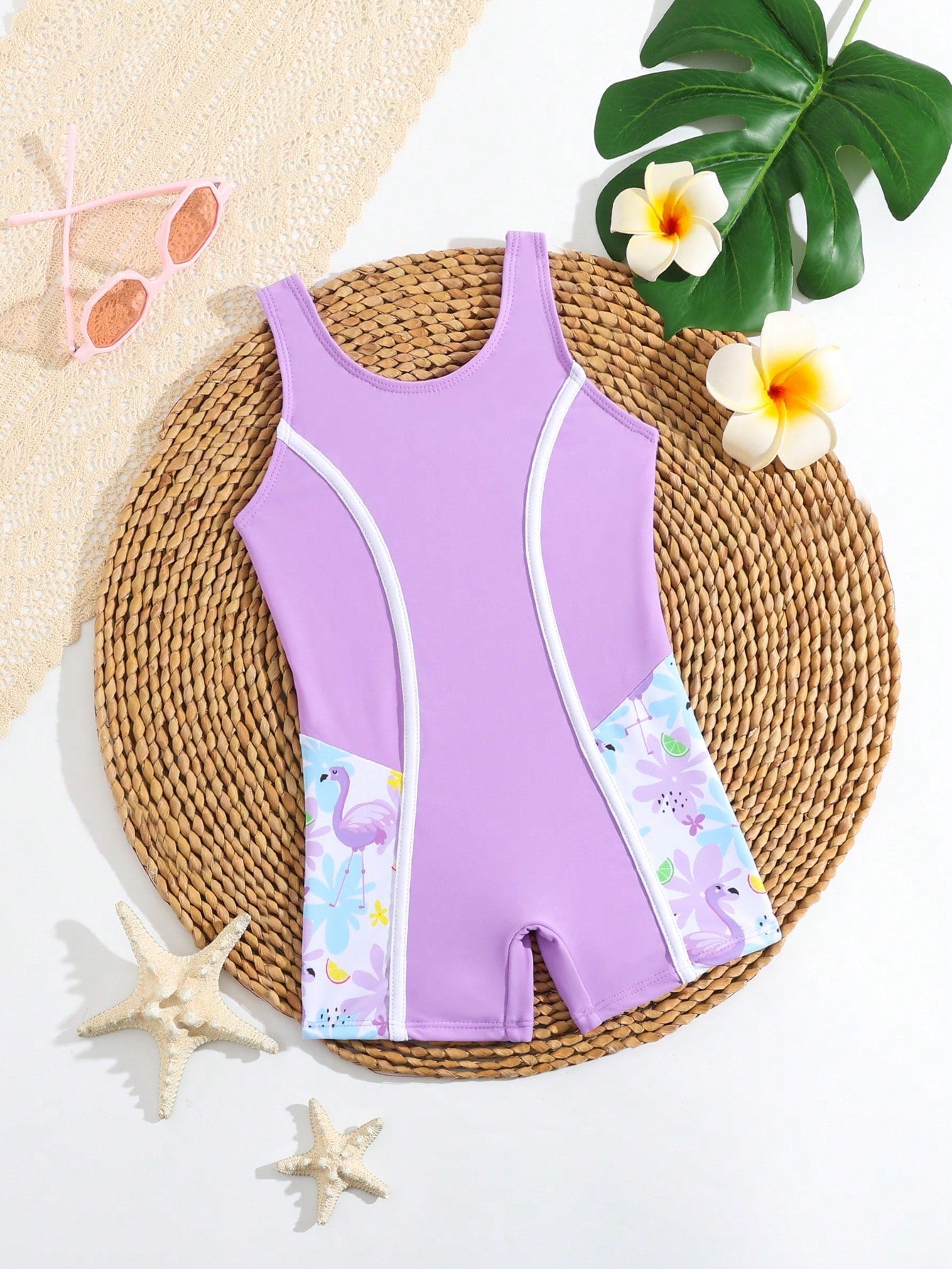 Young Girl Cartoon Print Color Block One-Piece Swimsuit With Contrast Binding