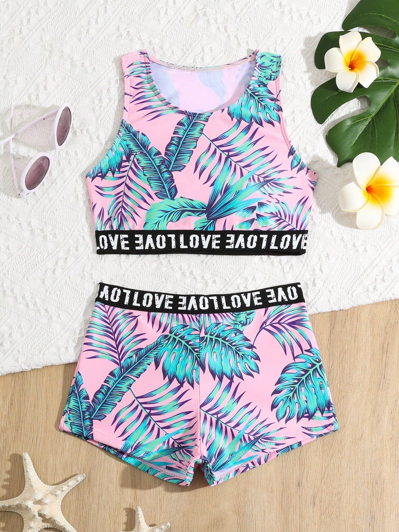 Tween Girls' Tropical Print Letter & Braided Strap Cami Top With Briefs Tankini Set