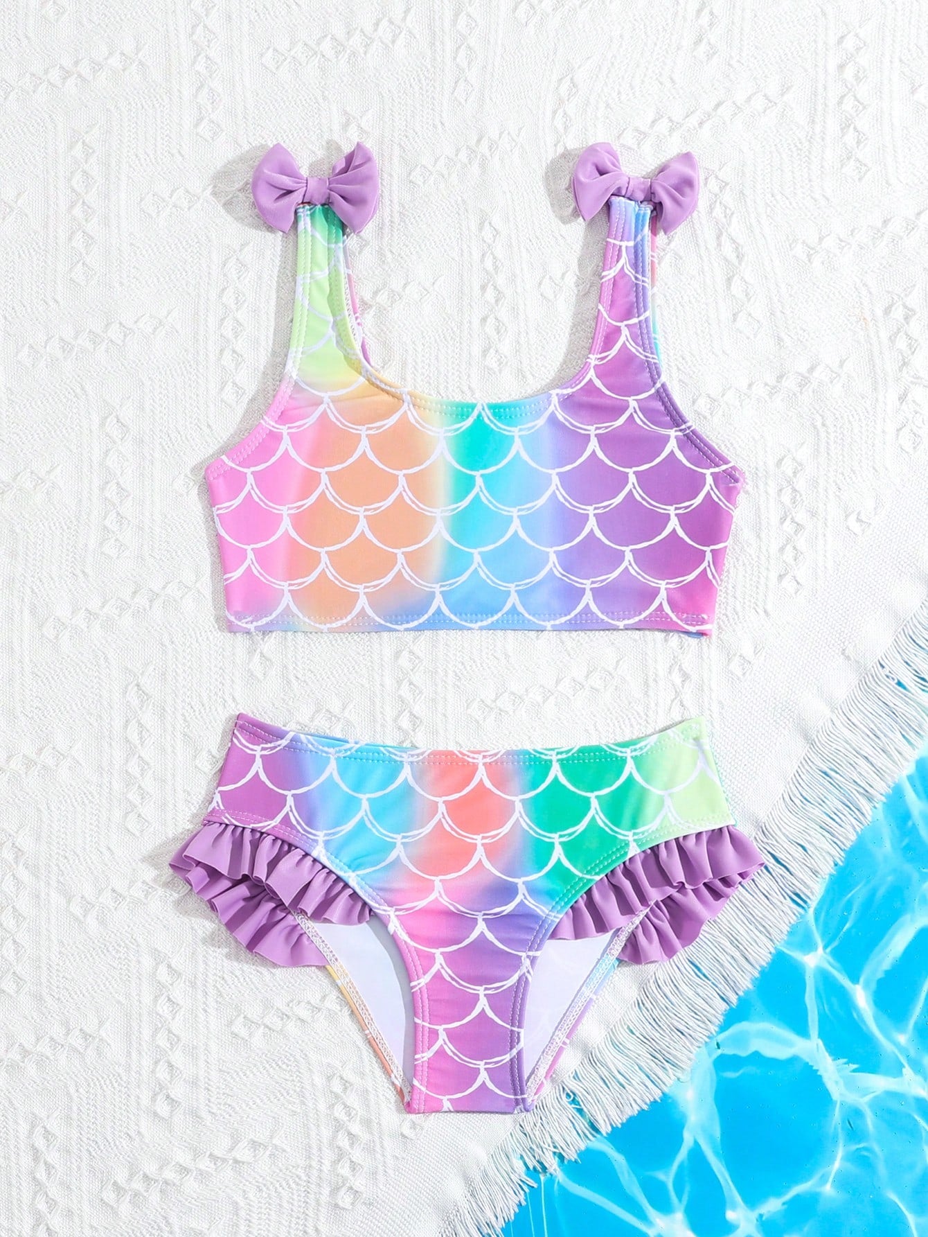 Young Girls' Swimwear Set, Mermaid Fish Scale Design Bowknot Bikini